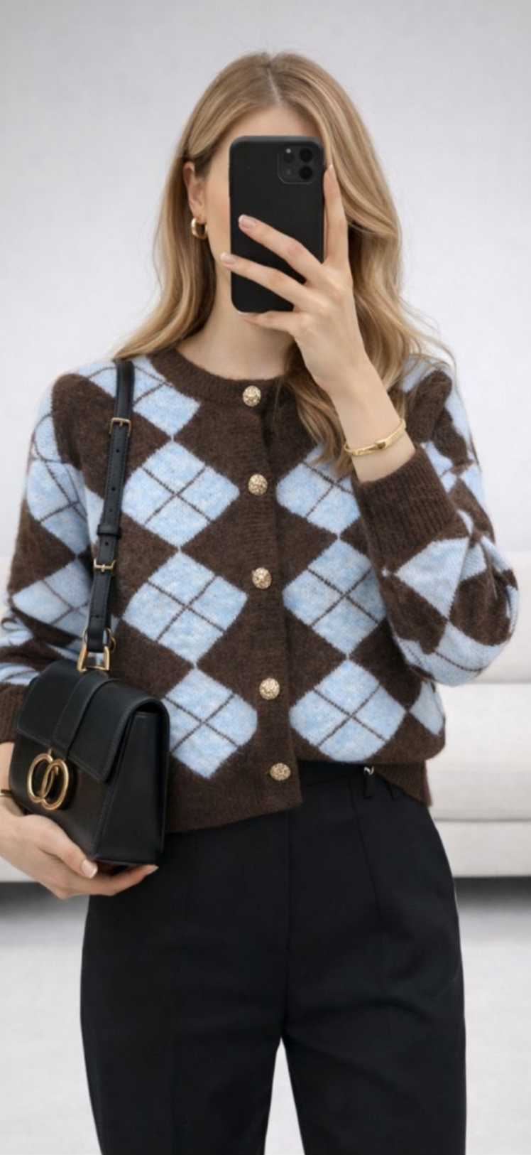 Argyle Knit Button Cardigan
