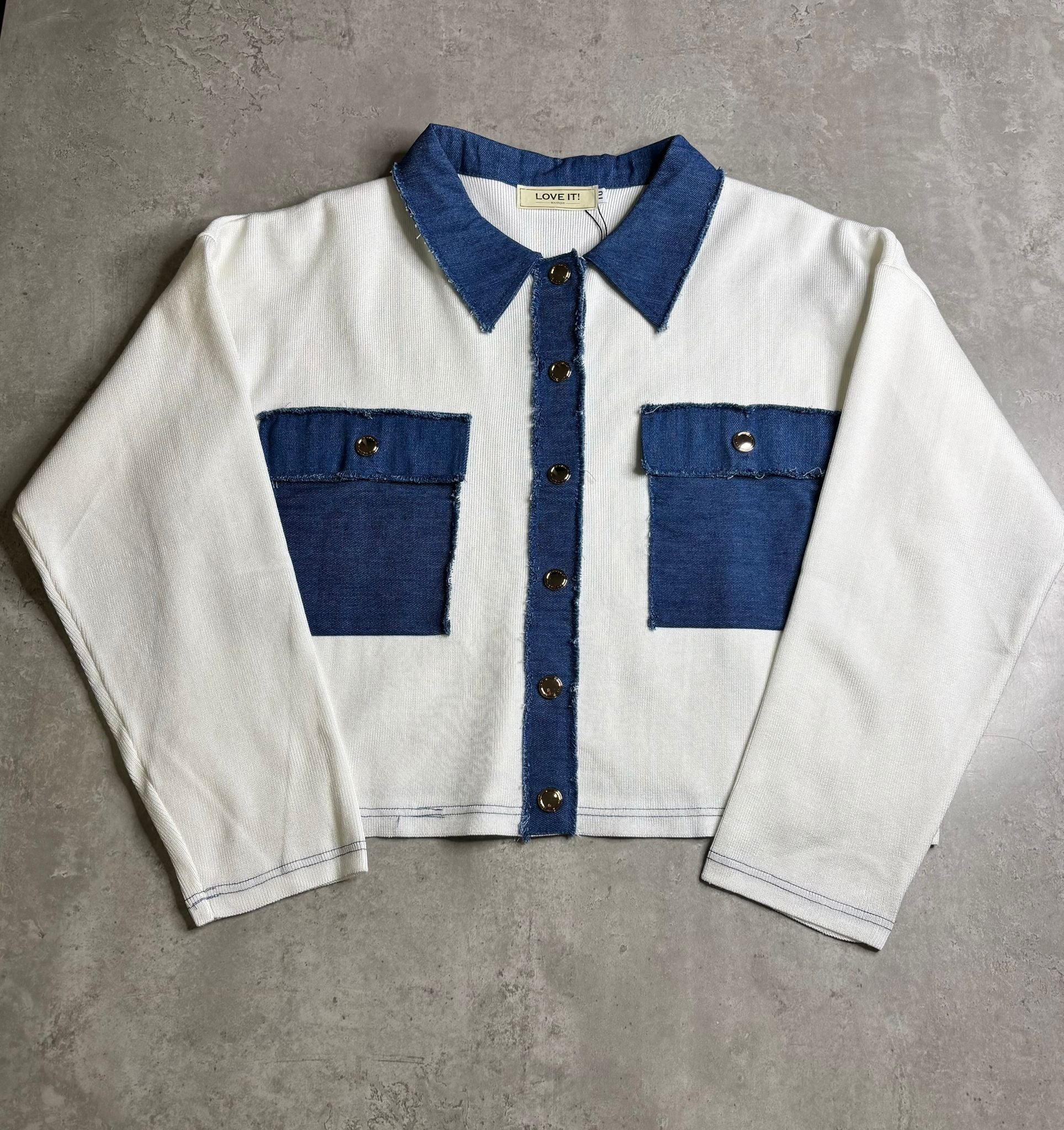 “Dolly” Denim Trim “Box Fit”Fine Knit Top