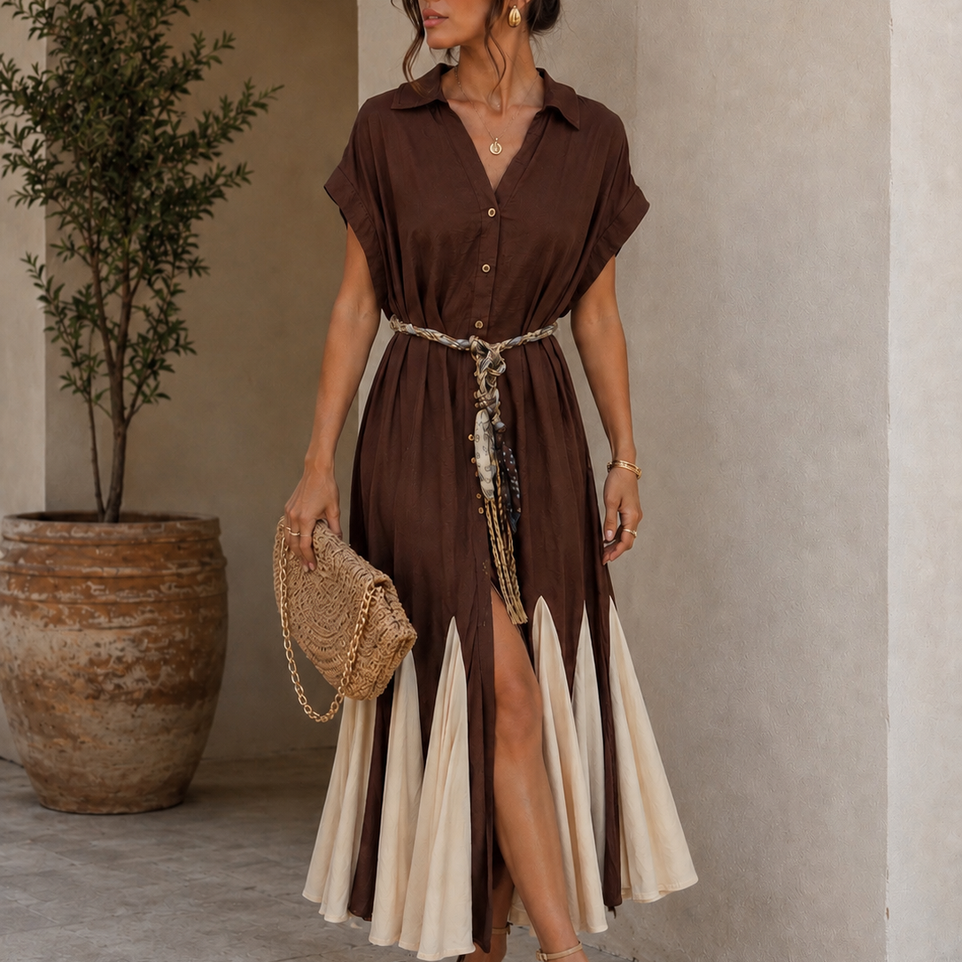 Boho Colorblock Button-Front Maxi Shirt Dress