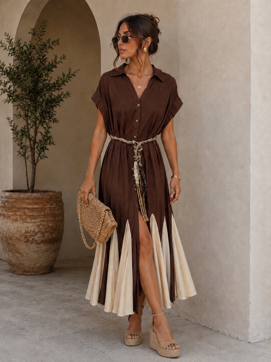 Boho Colorblock Button-Front Maxi Shirt Dress