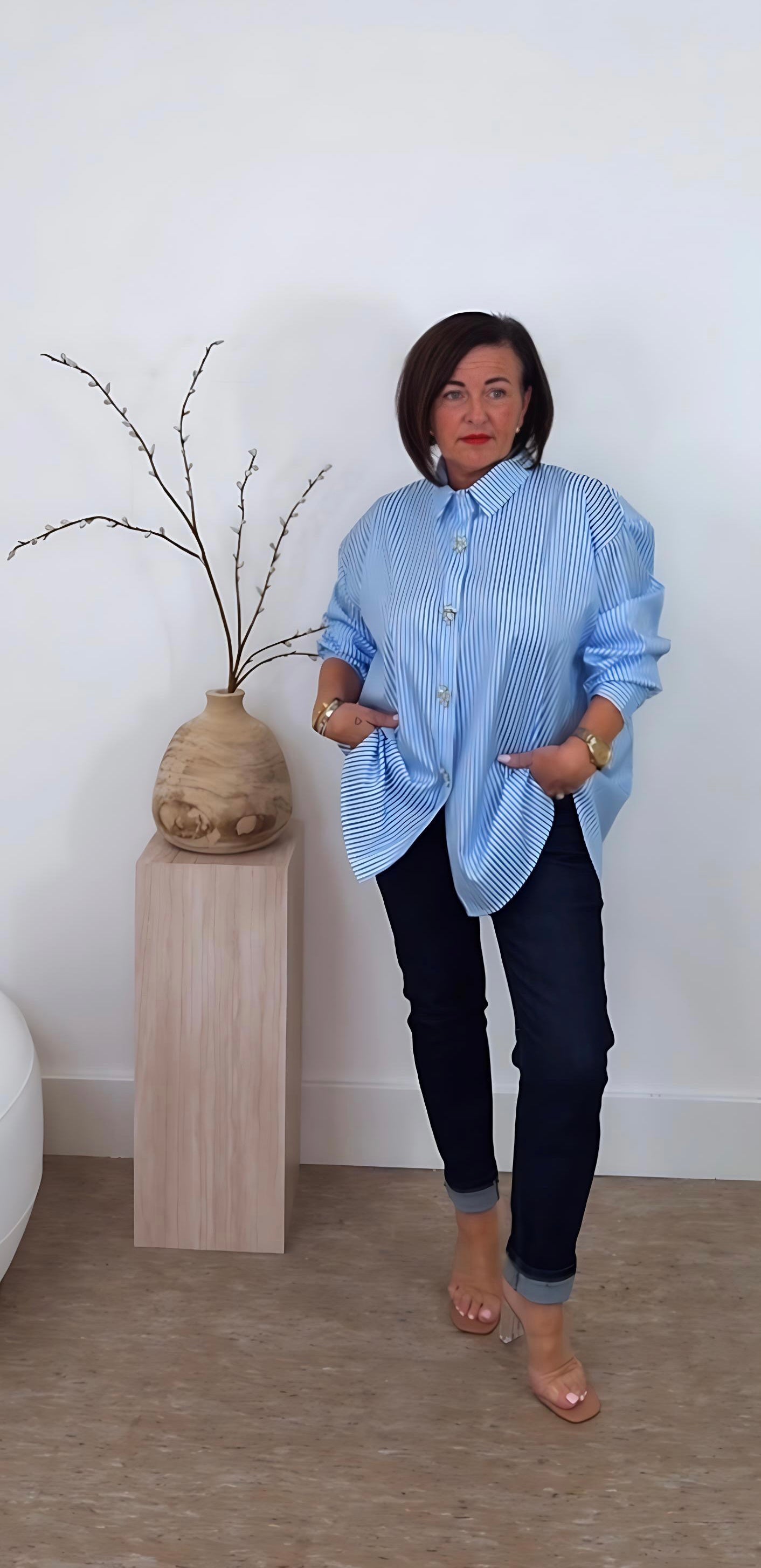 Oversized Stripe Shirt with Diamonte Buttons