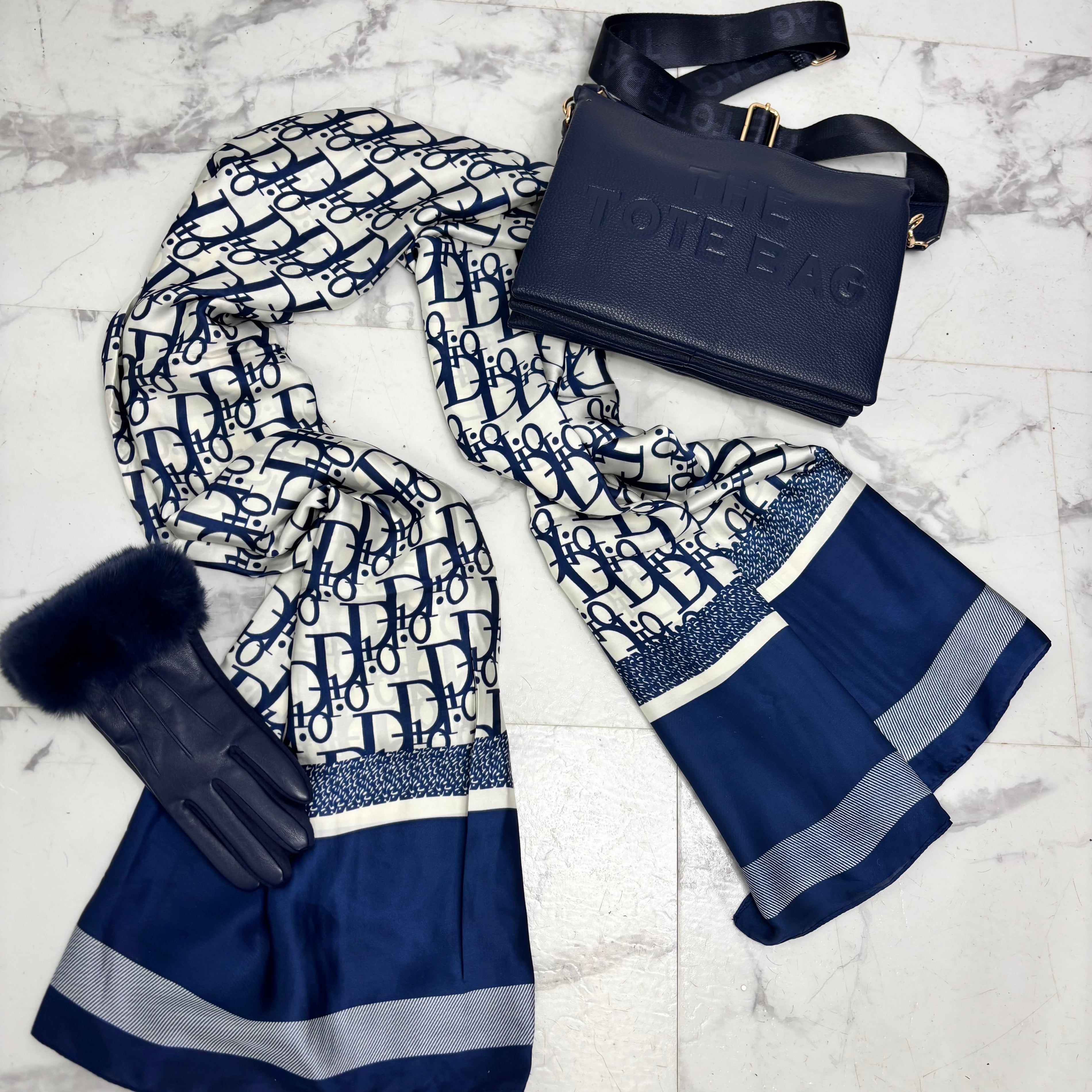 “Dee” Navy Silk Feel Print Scarf