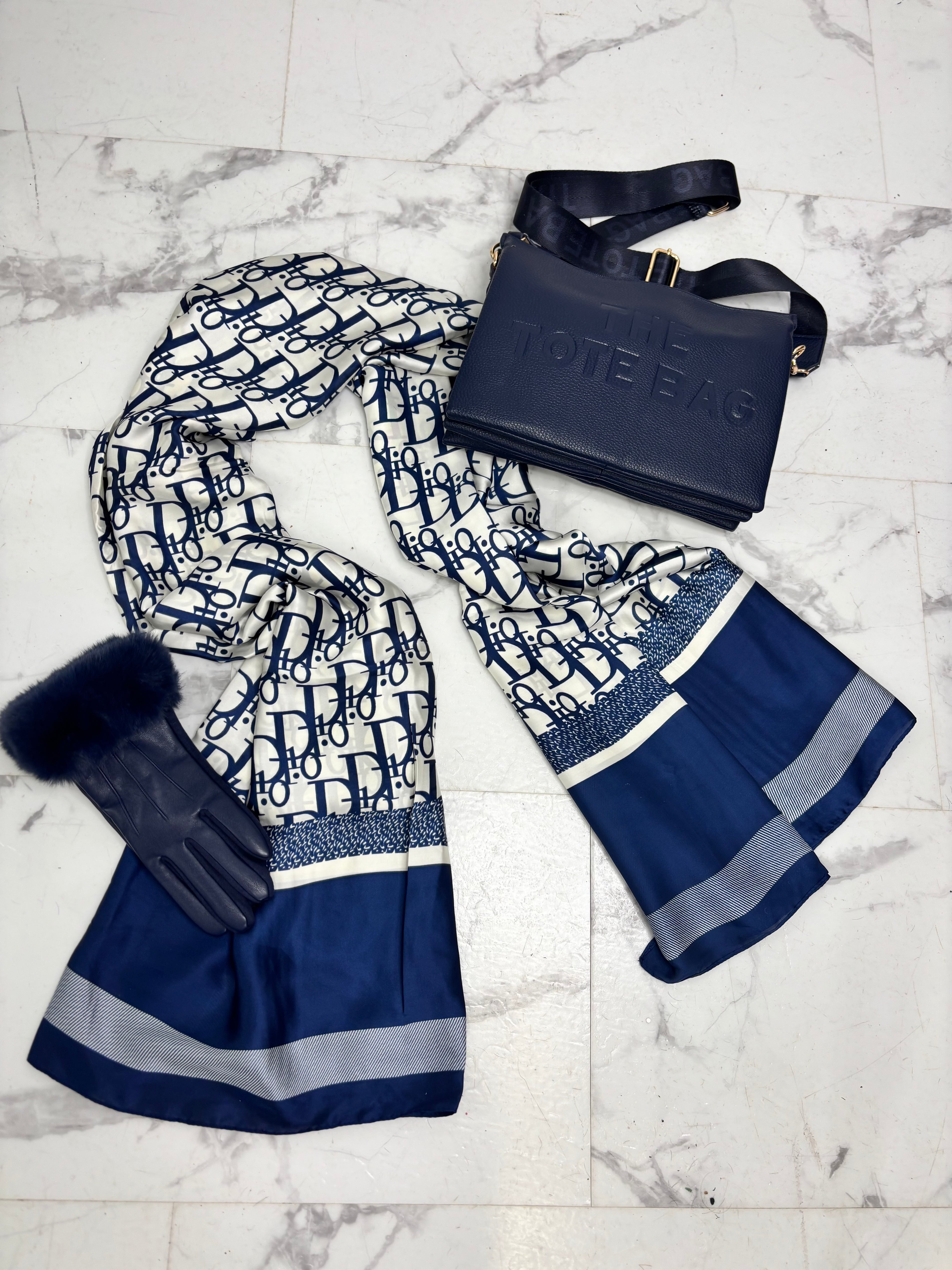 “Dee” Navy Silk Feel Print Scarf