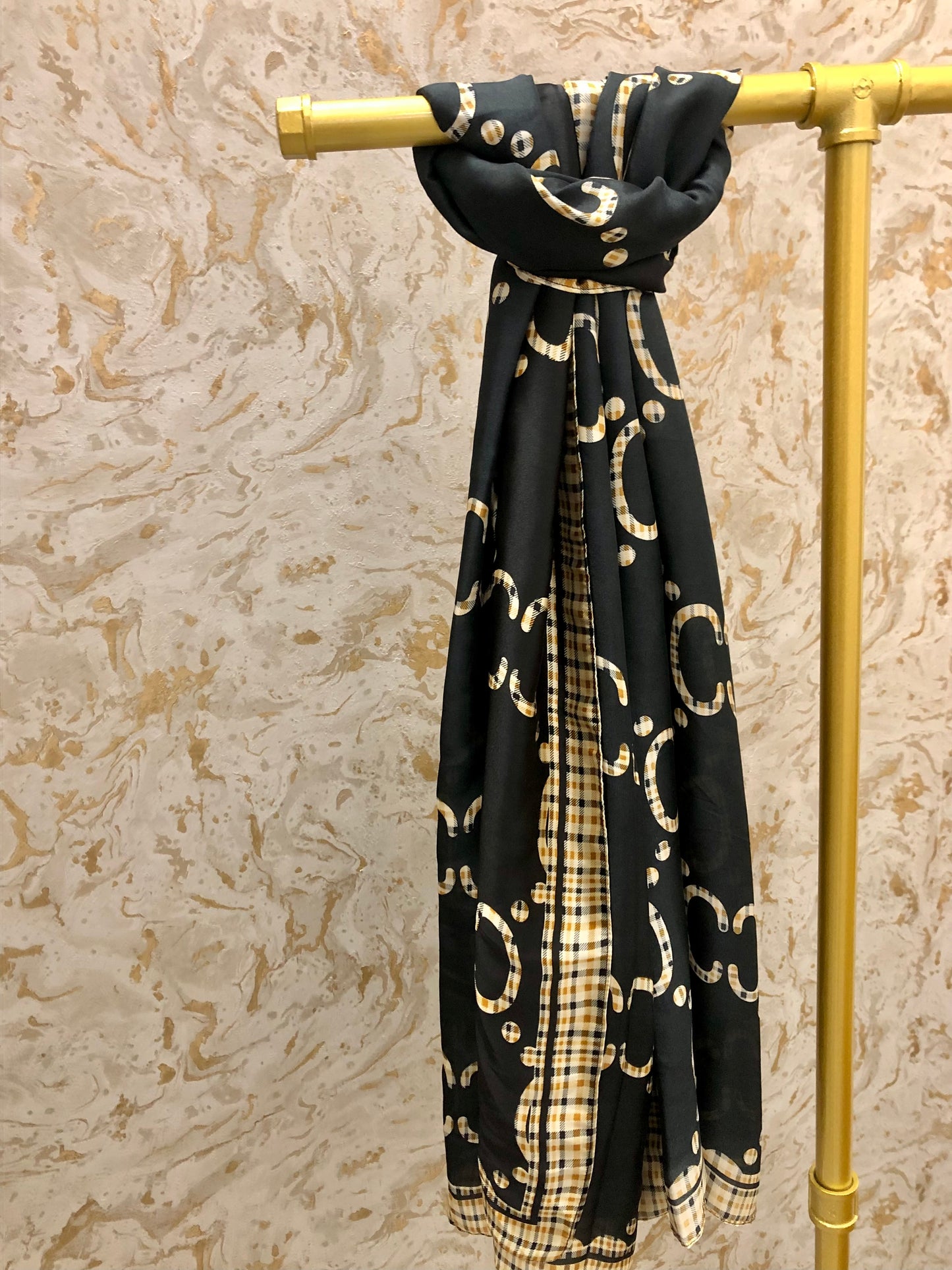 “Cheryl” Black Print Silk Mix Scarf