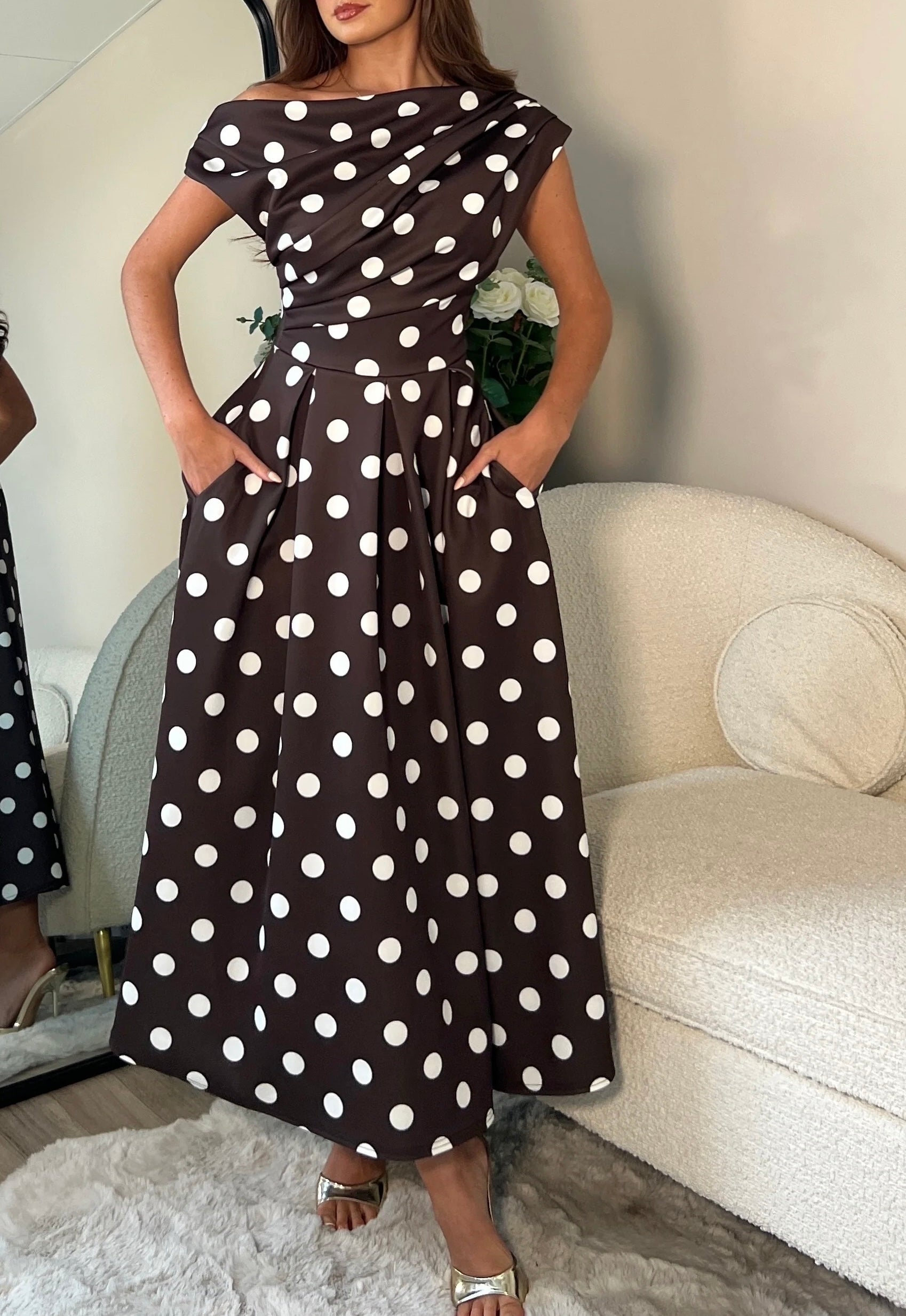 “Mandy” Polka Dot Dress - Brown