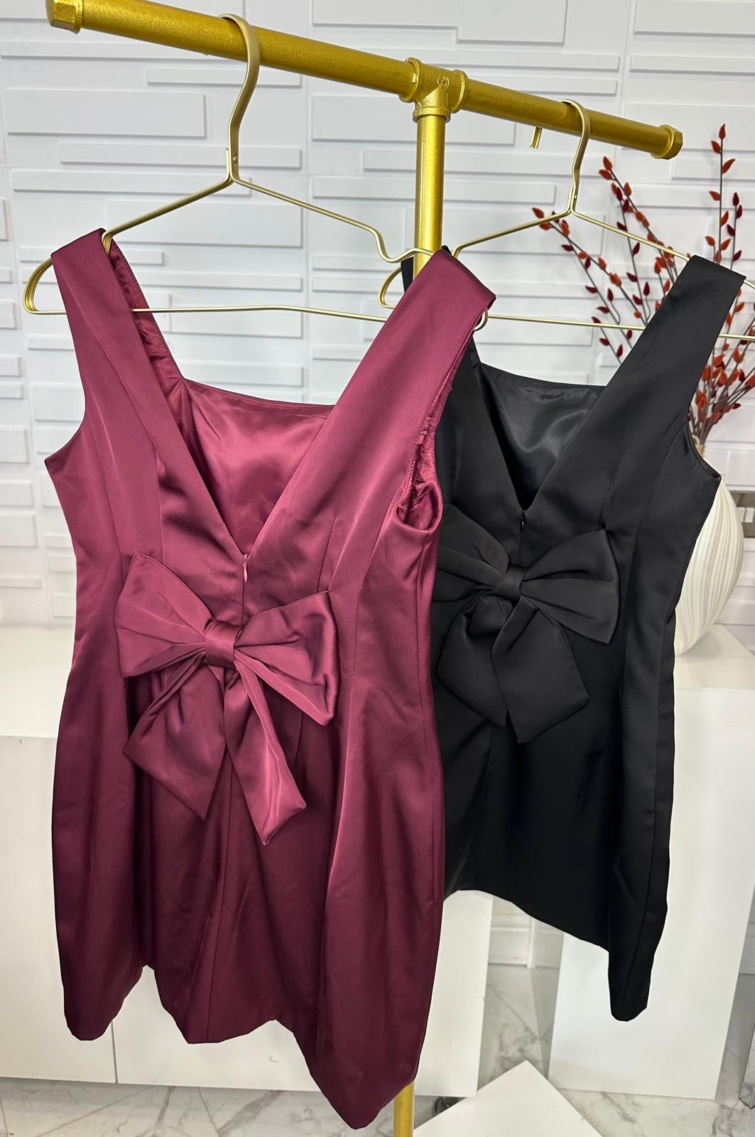 “Wendy” Satin Tulip Dress with Bow Detail at back