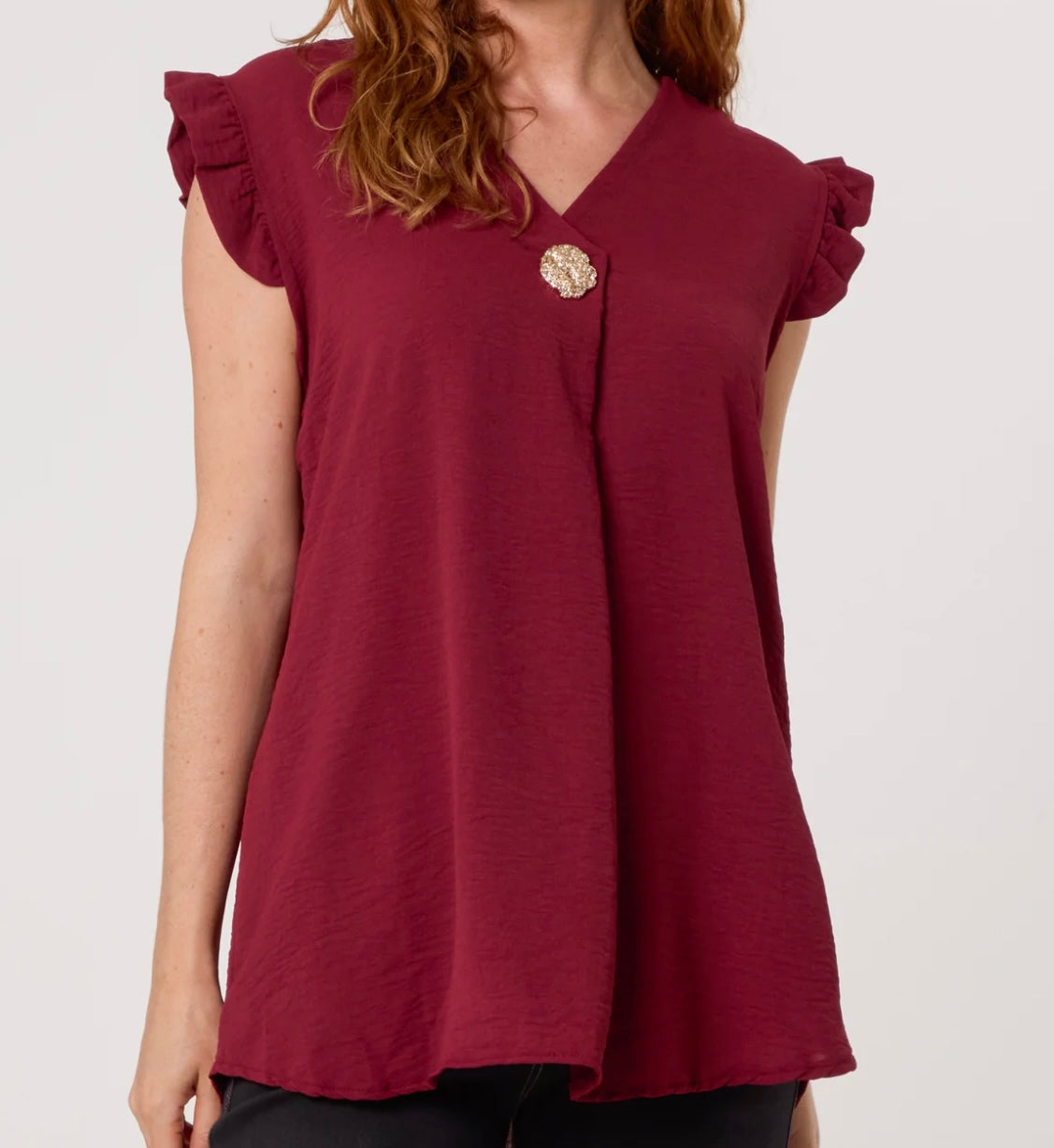 “Evie” Frill Sleeve Top with Gold Button Detail