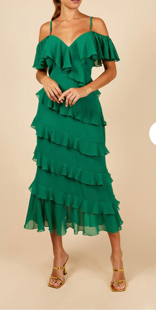 “Lara” Green Ruffle Dress
