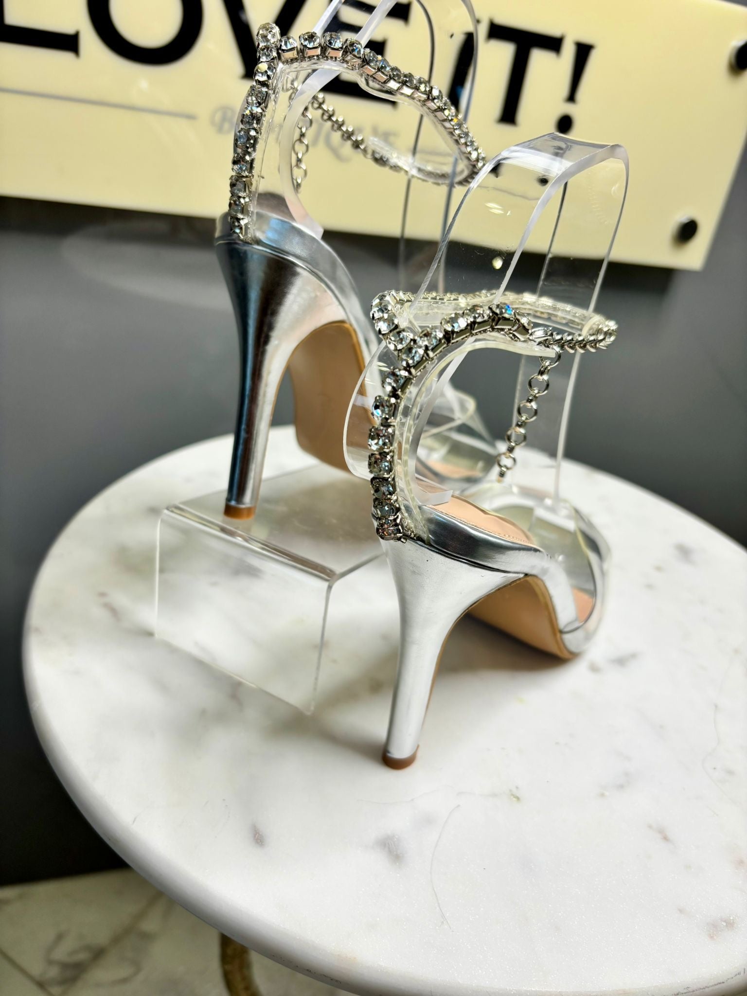 “Cherie” Perspex Heel with Diamonte Ankle Chain