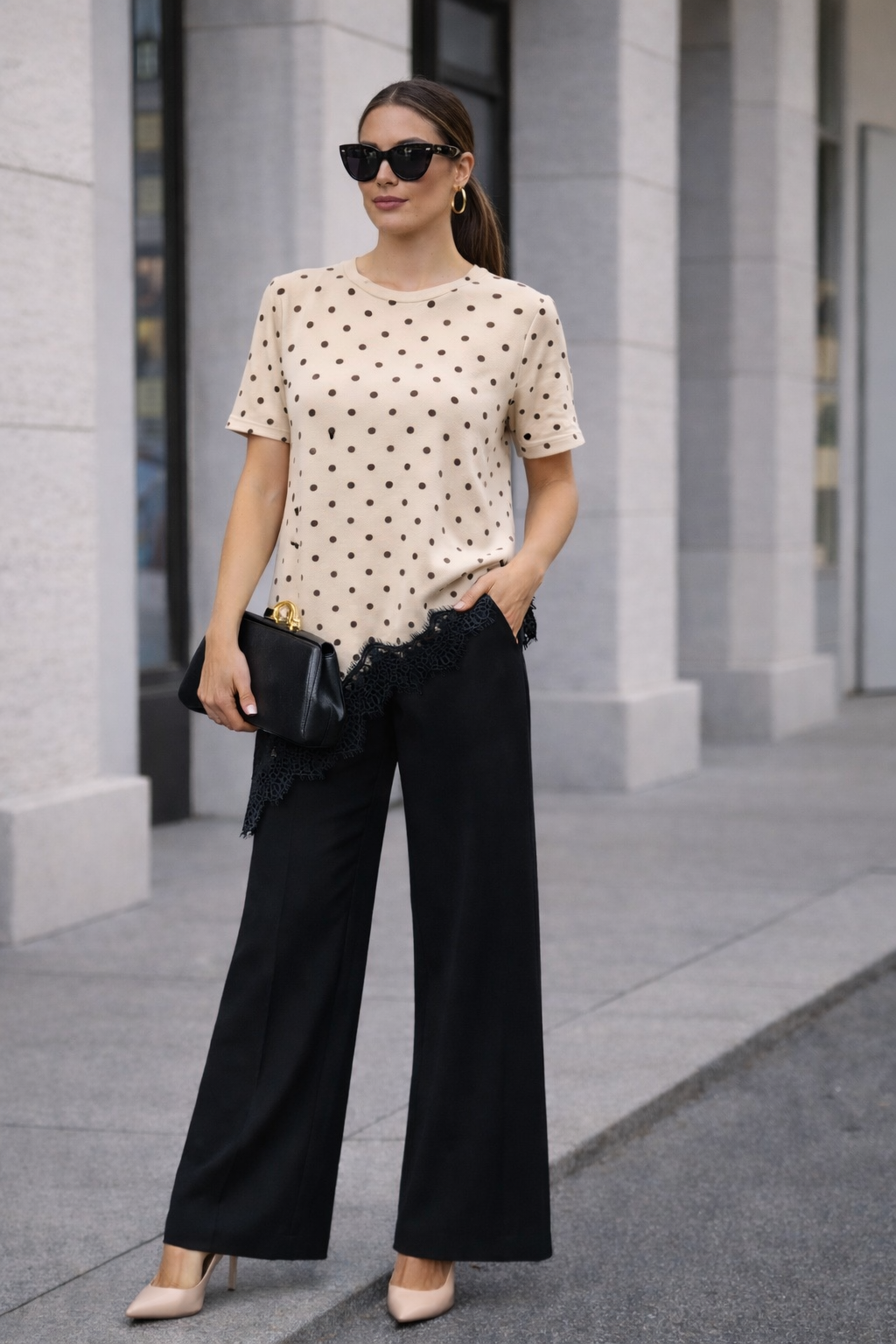 Polka Dot Asymetrical Top with Lace Detail