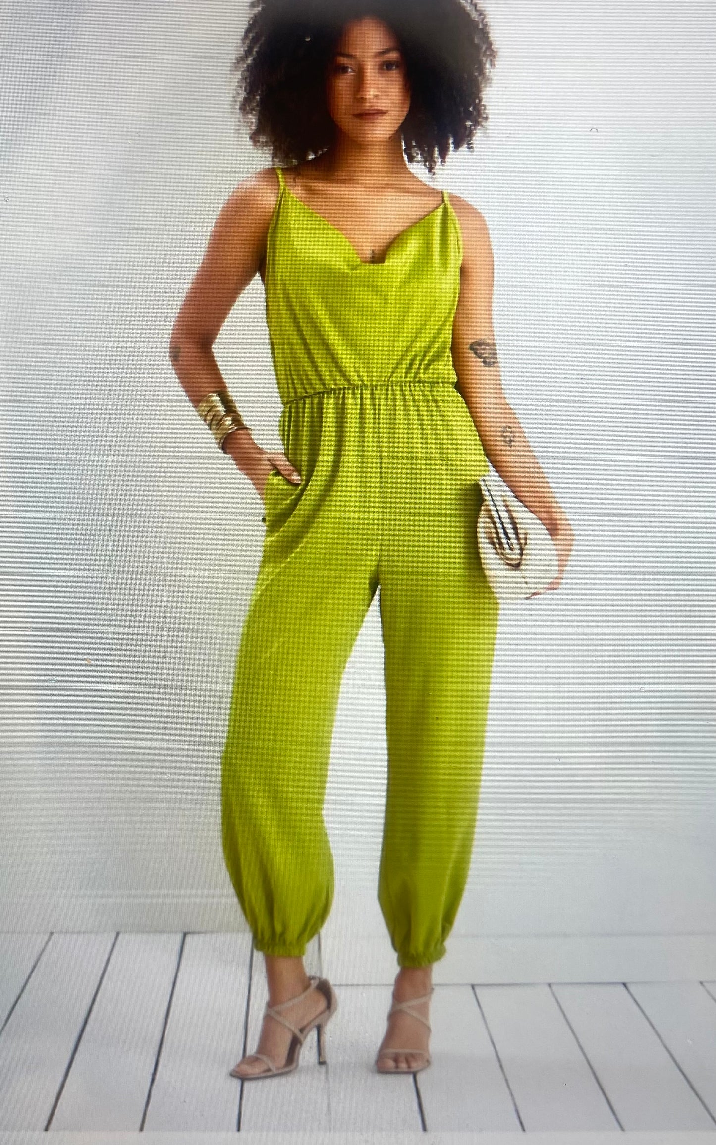 Satin Cuffed Elastic Waist Jumpsuit