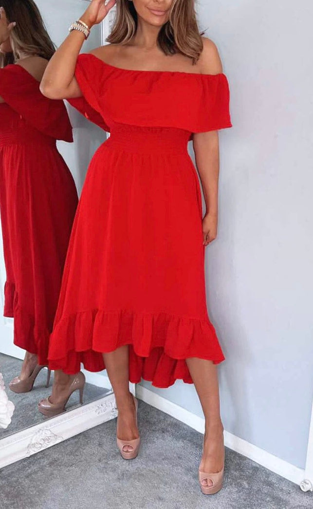 “Emily” Red Bardot Hi-Lo Dress
