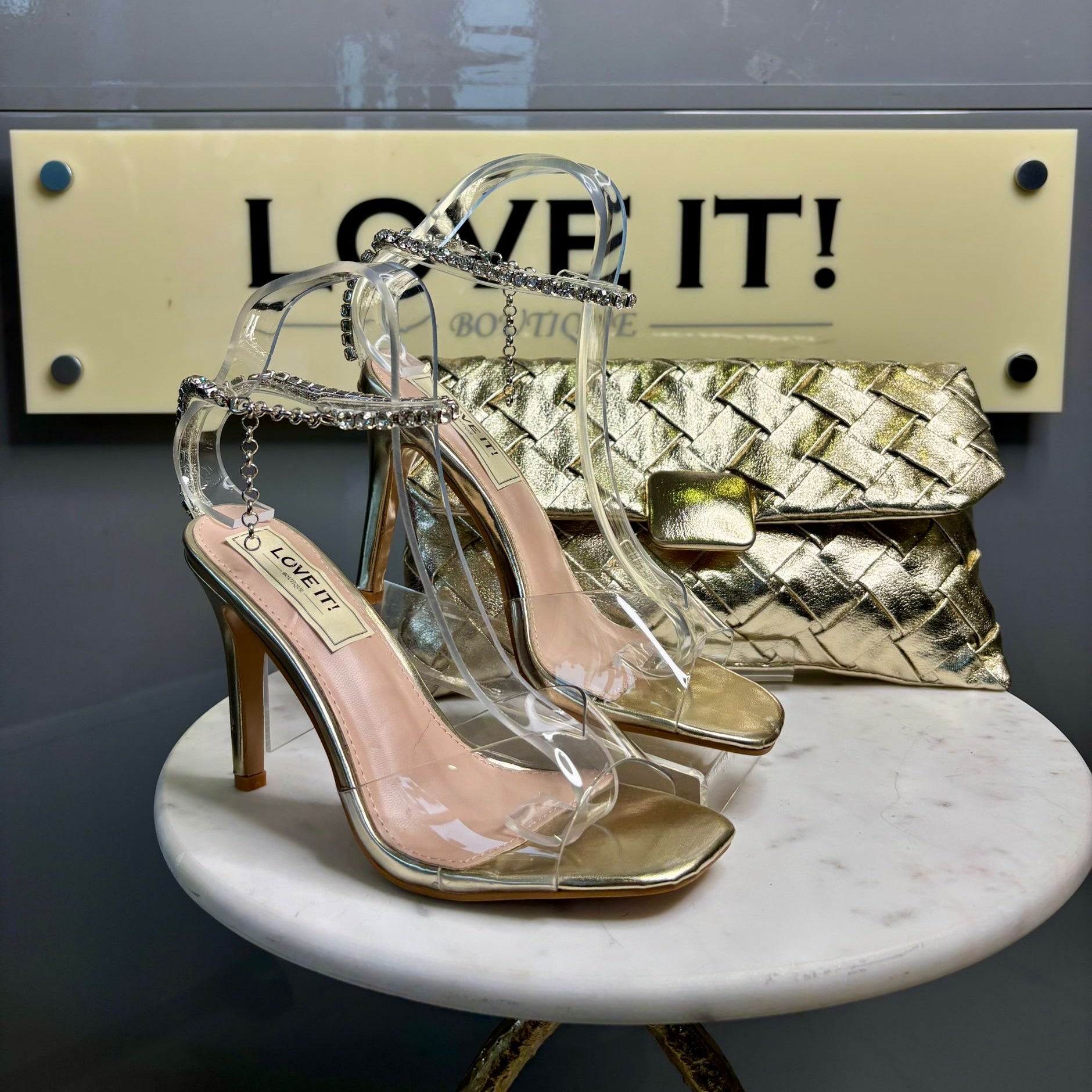 “Cherie” Perspex Heel with Diamonte Ankle Chain