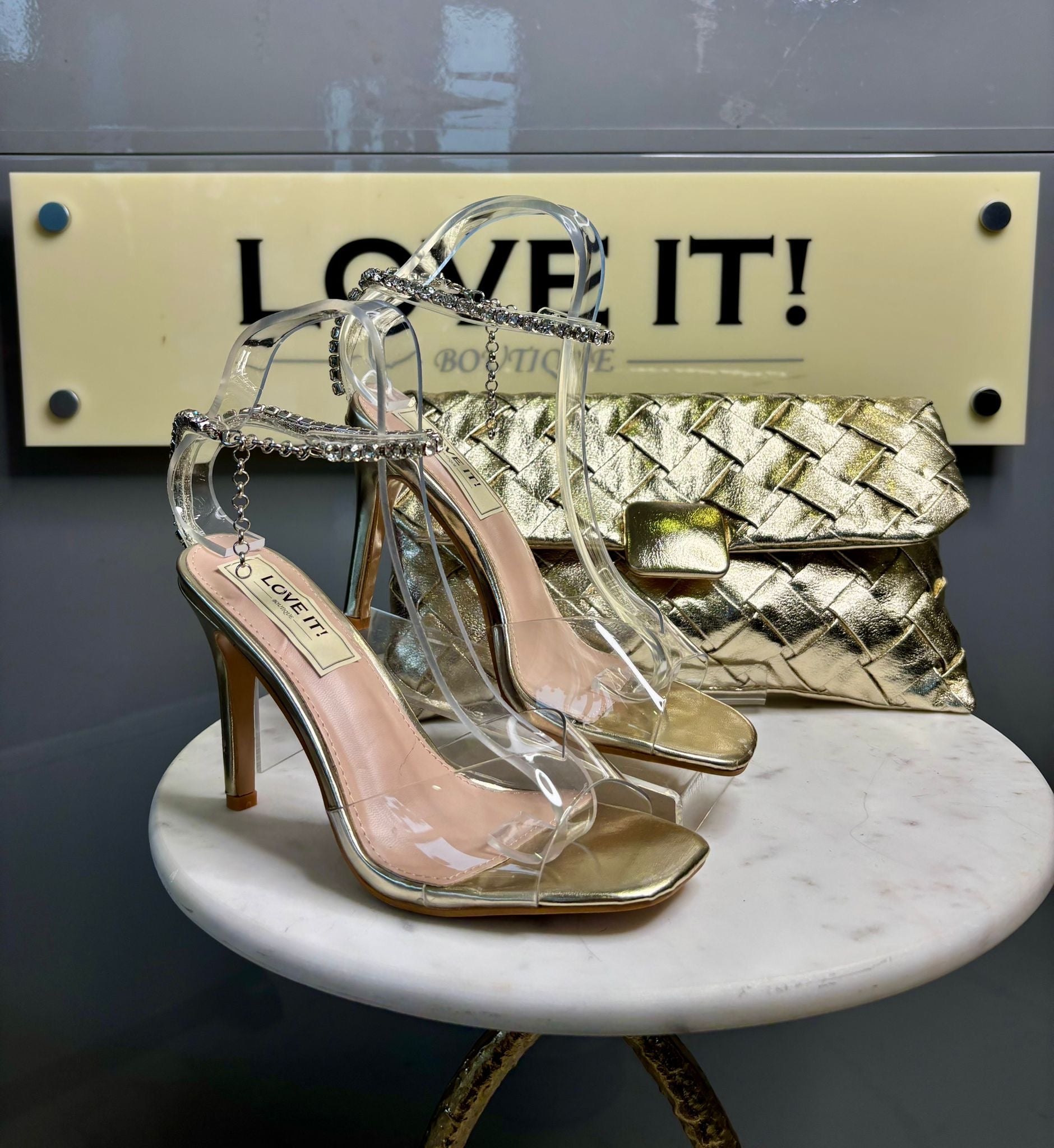 “Cherie” Perspex Heel with Diamonte Ankle Chain