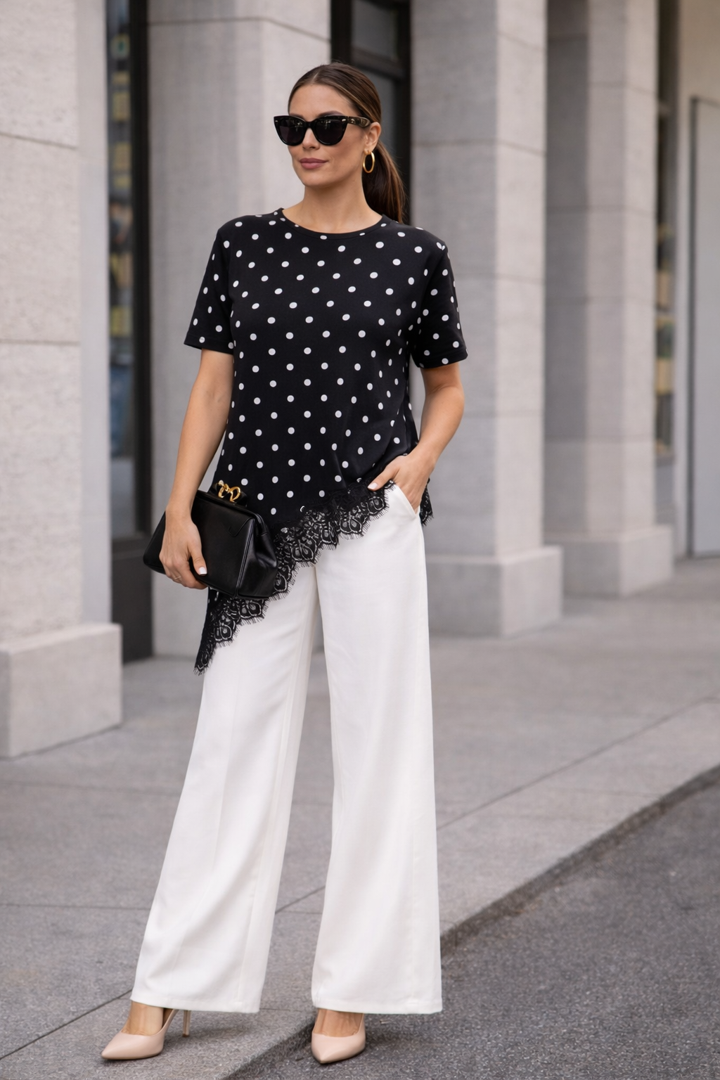 Polka Dot Asymetrical Top with Lace Detail