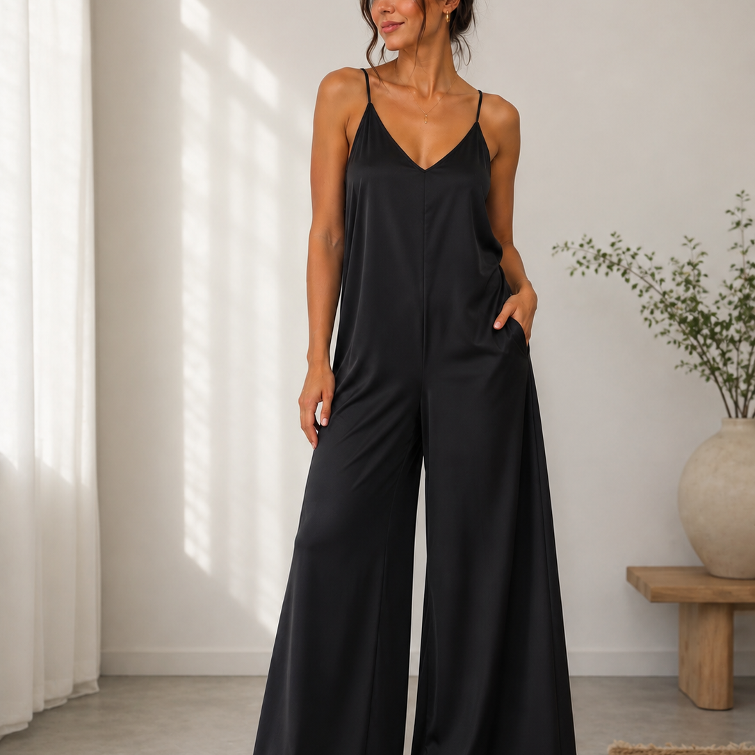 Amara - Black Wide Leg Satin Jumpsuit