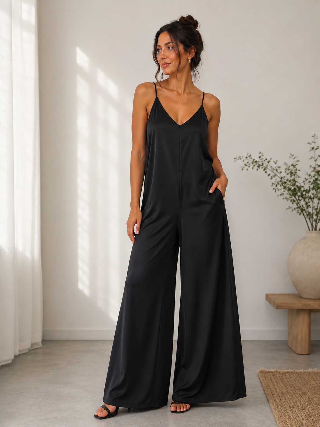Amara - Black Wide Leg Satin Jumpsuit