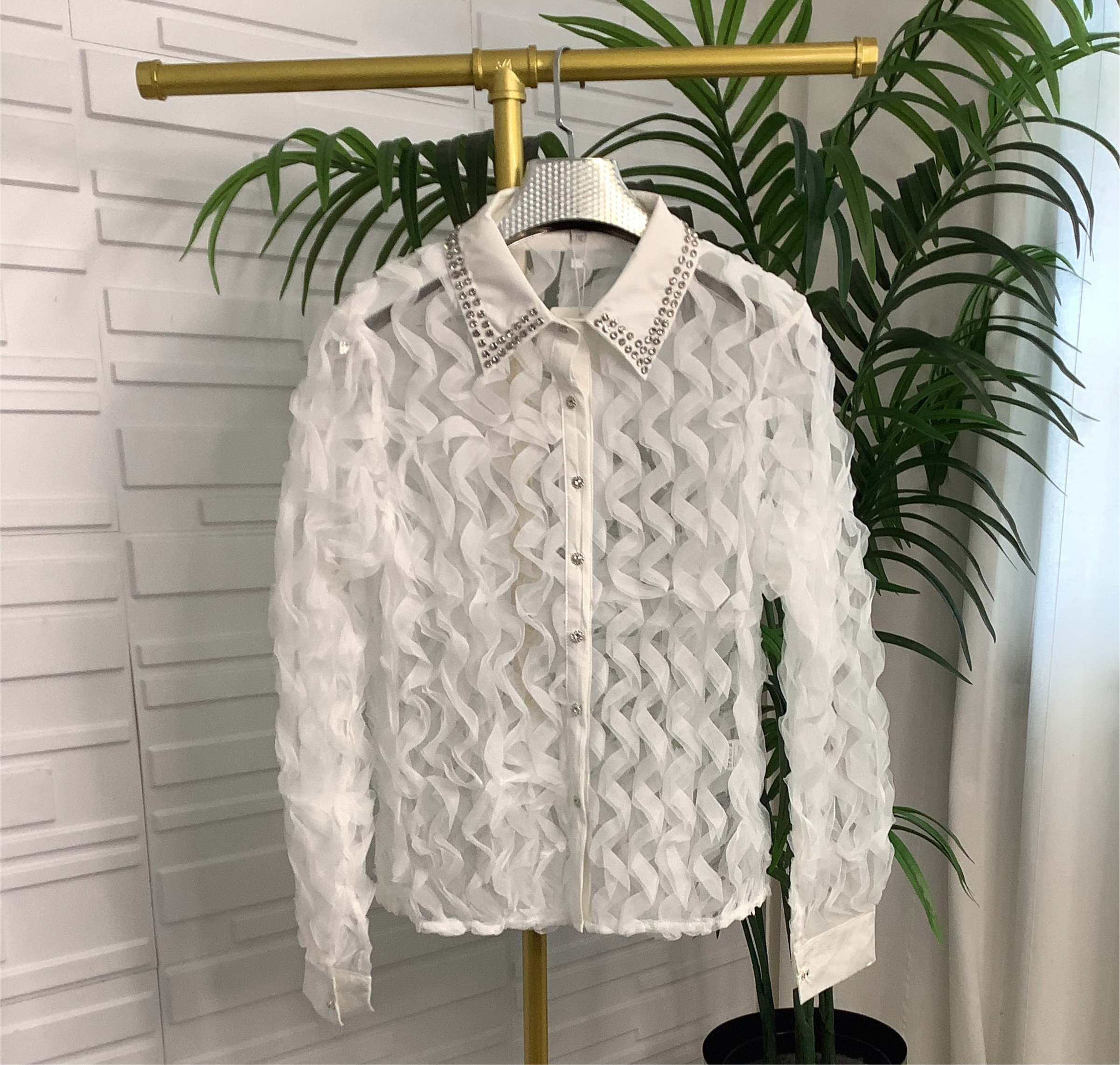 “Ivy” Sheer Diamanté Trim Collar Shirt