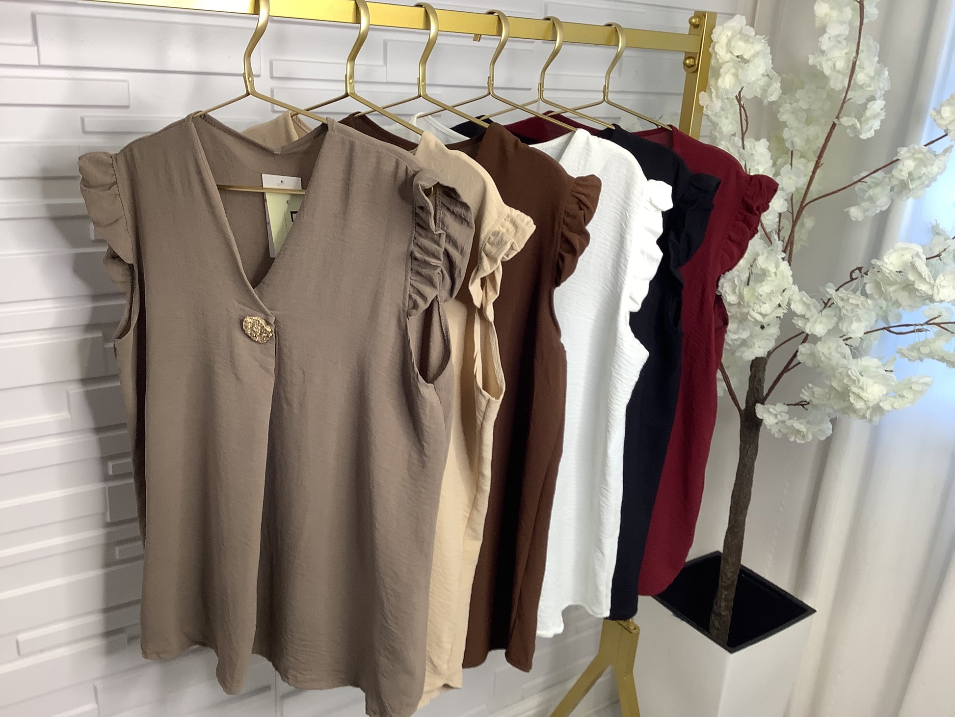 “Evie” Frill Sleeve Top with Gold Button Detail