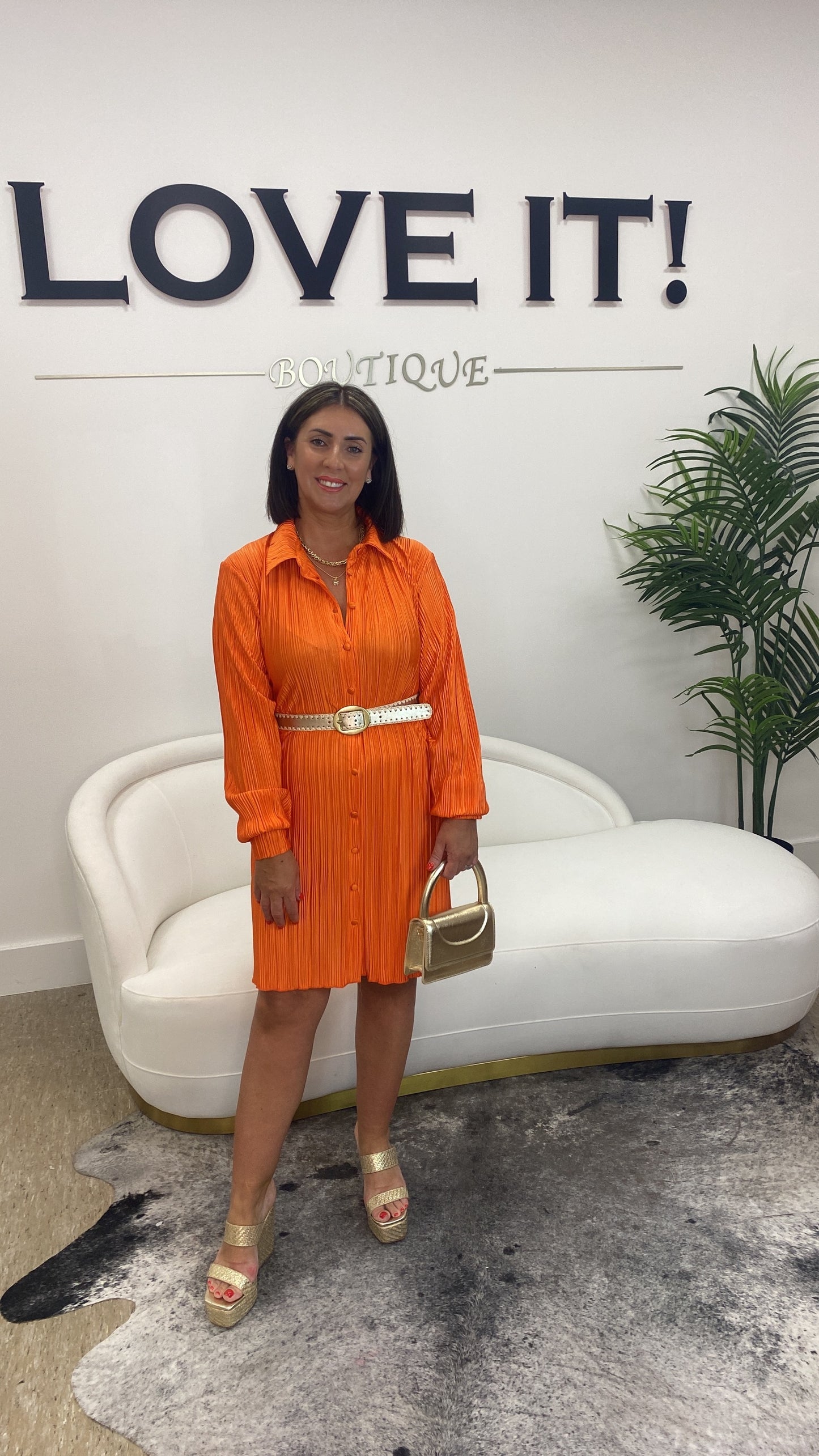 “Uma” Orange Pleated Shirt Dress