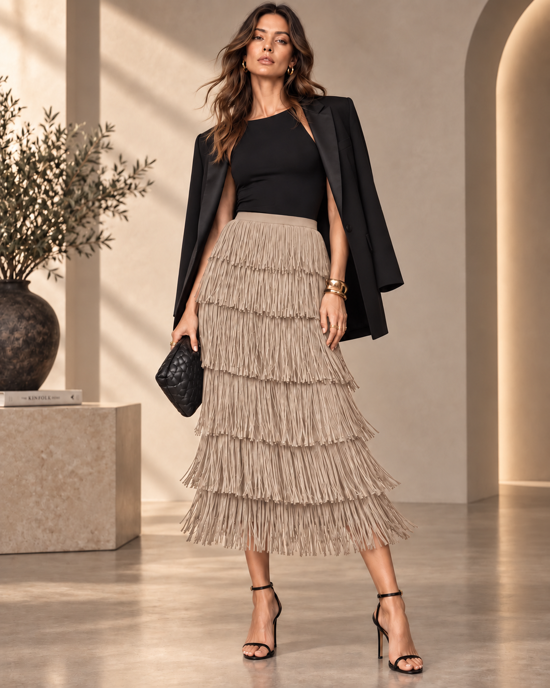 Tia - Tiered Fringe Midi Skirt
