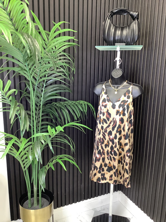 “Evie” Satin Leopard Slip Dress