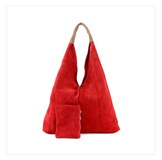 Red Suede Shoulder Bag with Purse