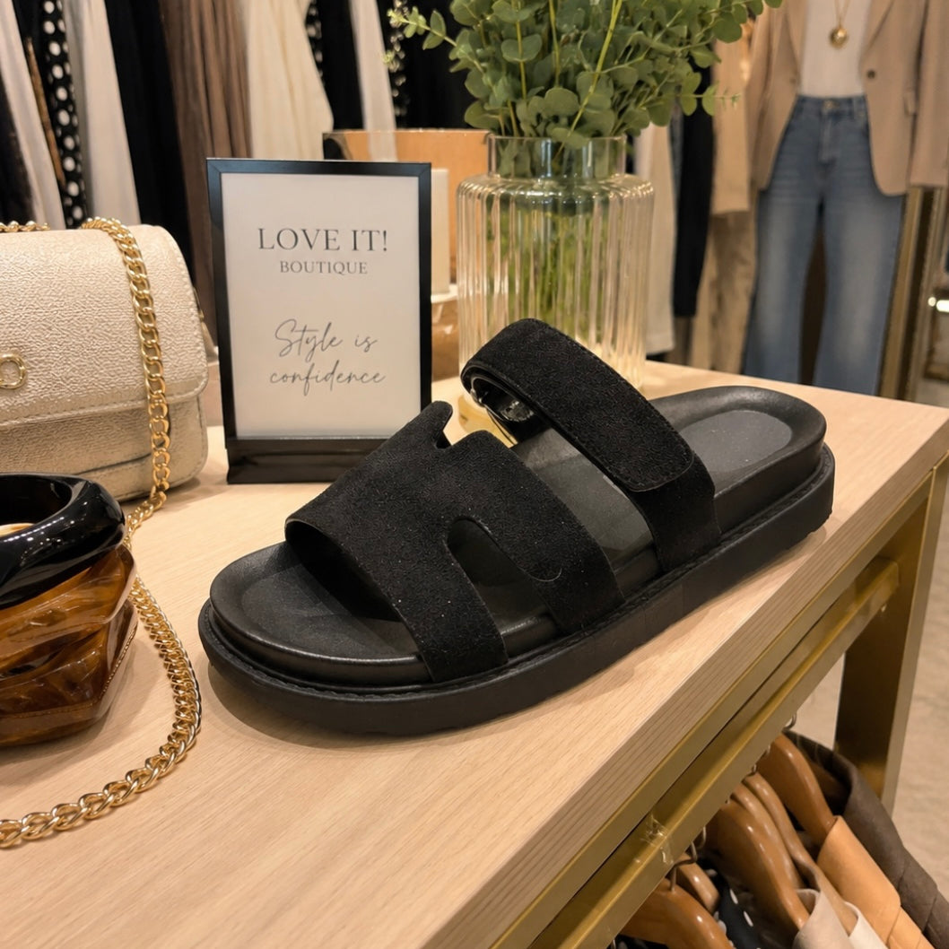 Black Double Strap Suede Sliders ( Recommend size up)
