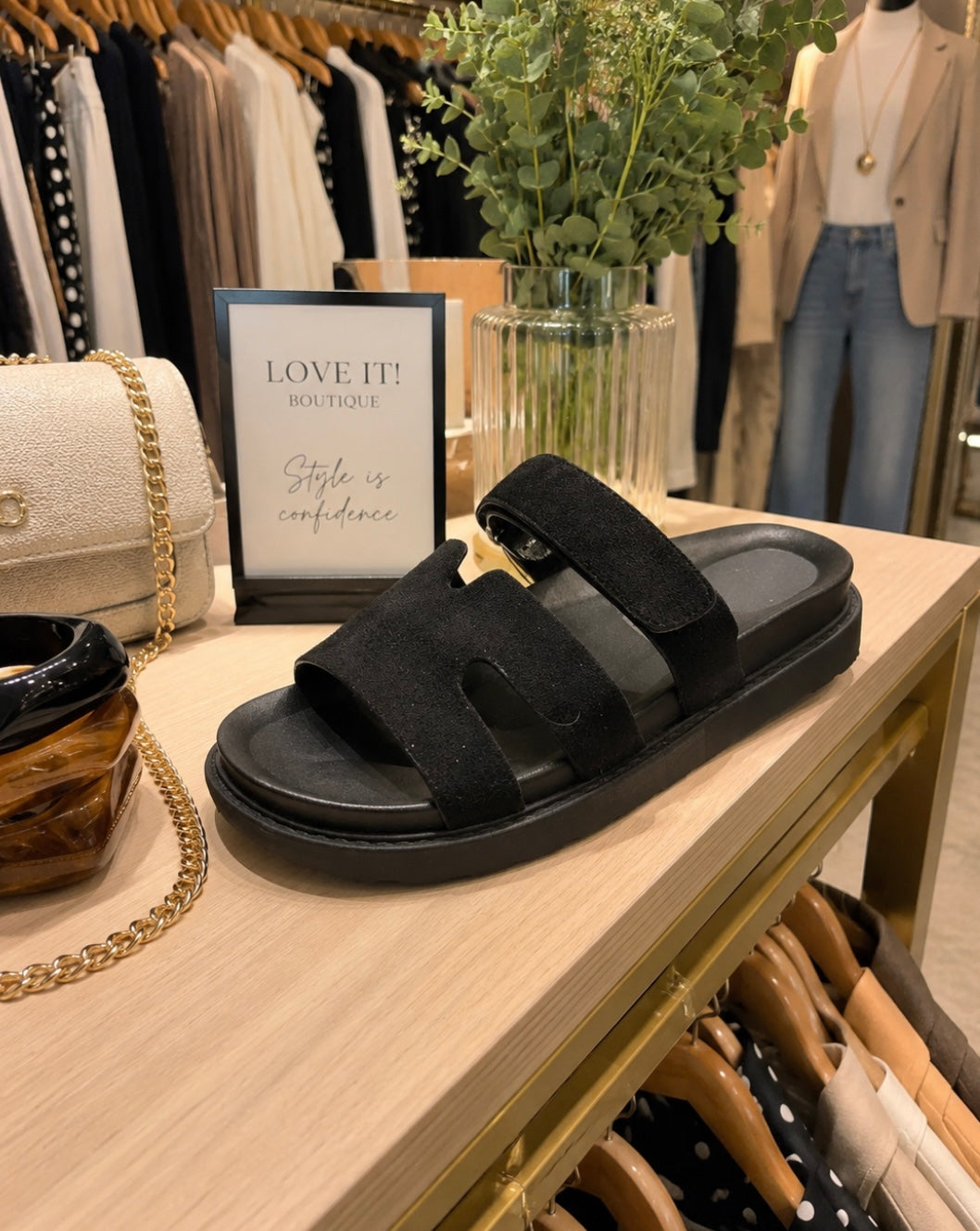 Black Double Strap Suede Sliders ( Recommend size up)