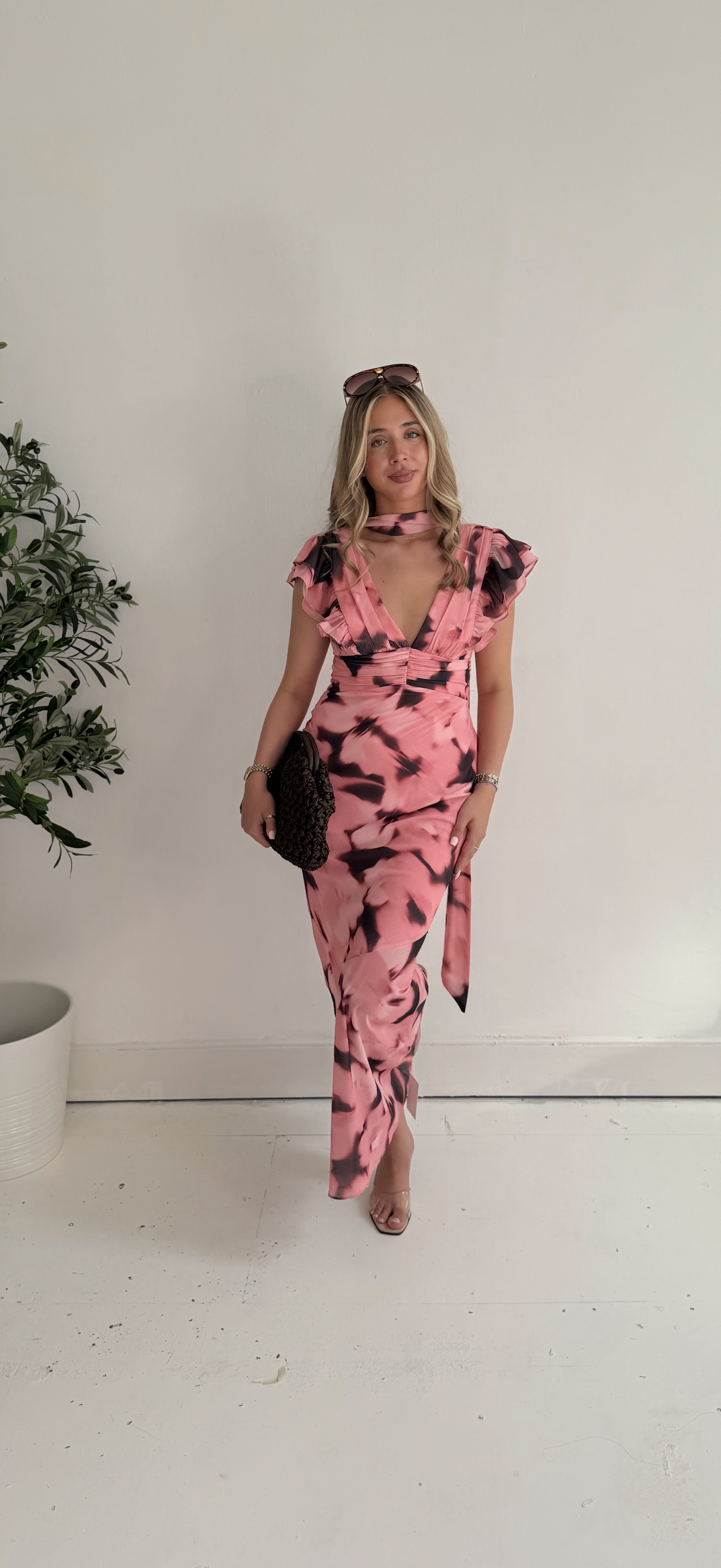 Aria - Abstract Print Ruched Choker Maxi Dress