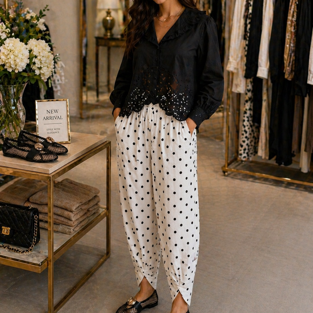 Polka Dot Barrel Leg Lightweight Trouser