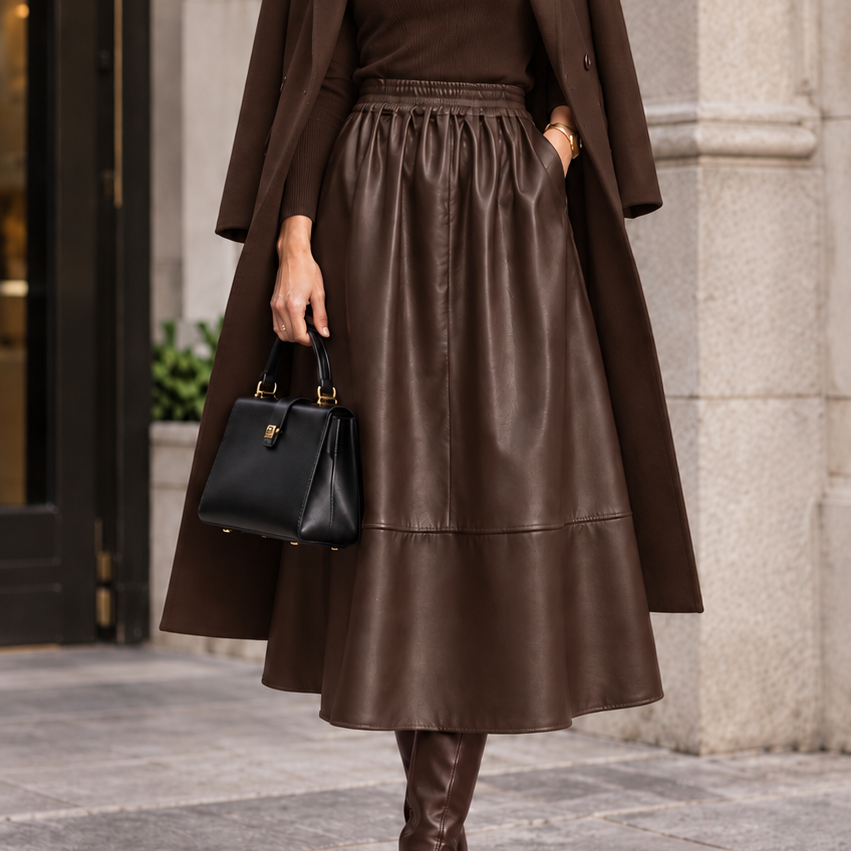 Fran -  Faux Leather A-Line Midi Skirt