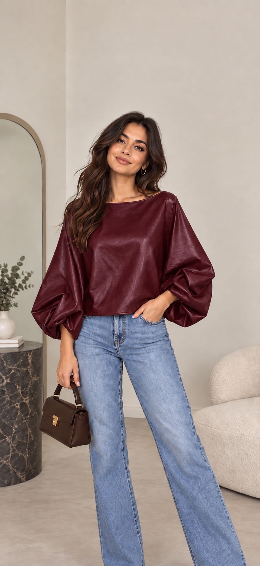 Bella - PU Leather Balloon Sleeve Top