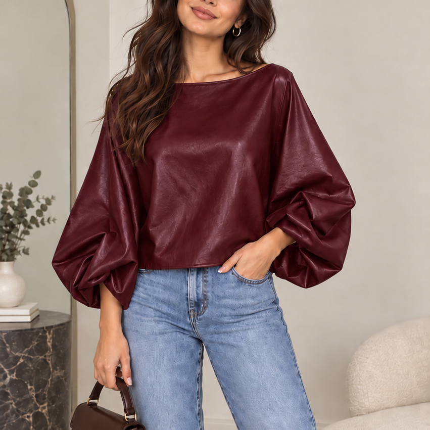 Bella - PU Leather Balloon Sleeve Top