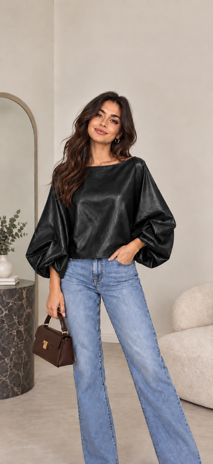 Bella - PU Leather Balloon Sleeve Top