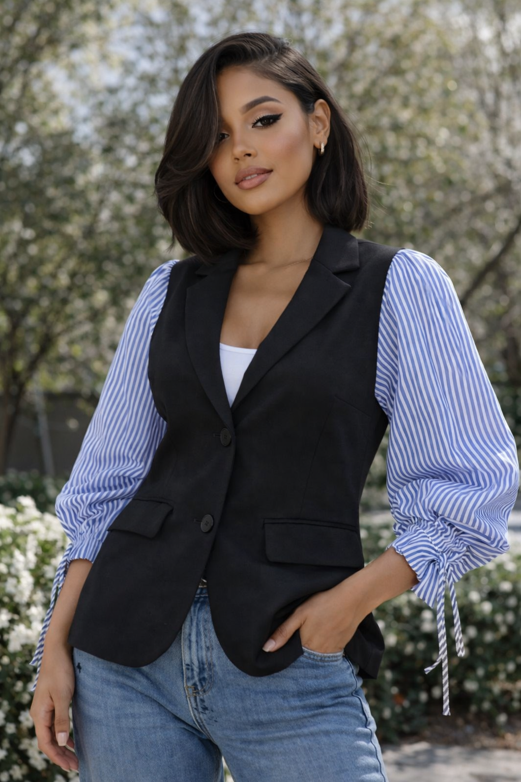 Julie -  Blazer with Striped Tie Sleeves