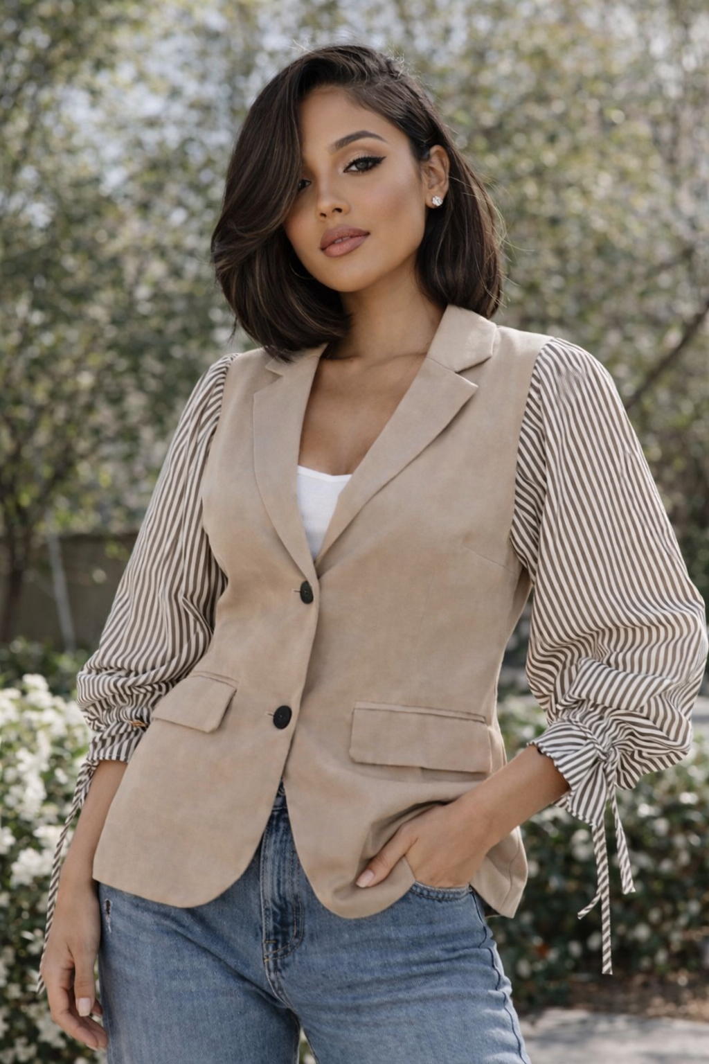 Julie -  Blazer with Striped Tie Sleeves