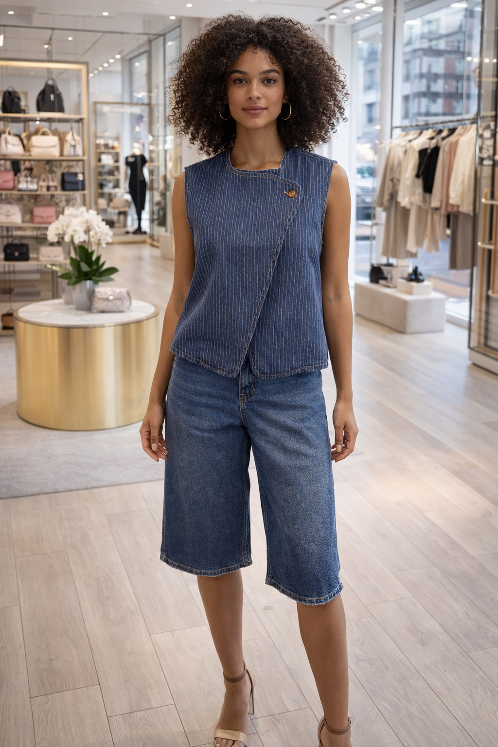 Asymmetrical Pinstripe Denim Waistcoat