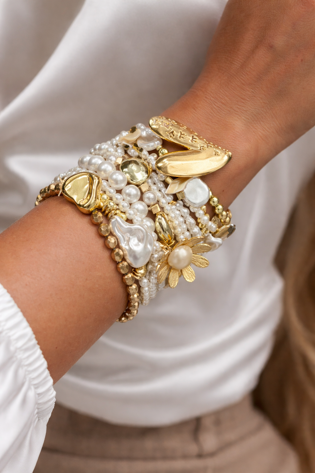 Golden Pearl Luxe Charm Stack