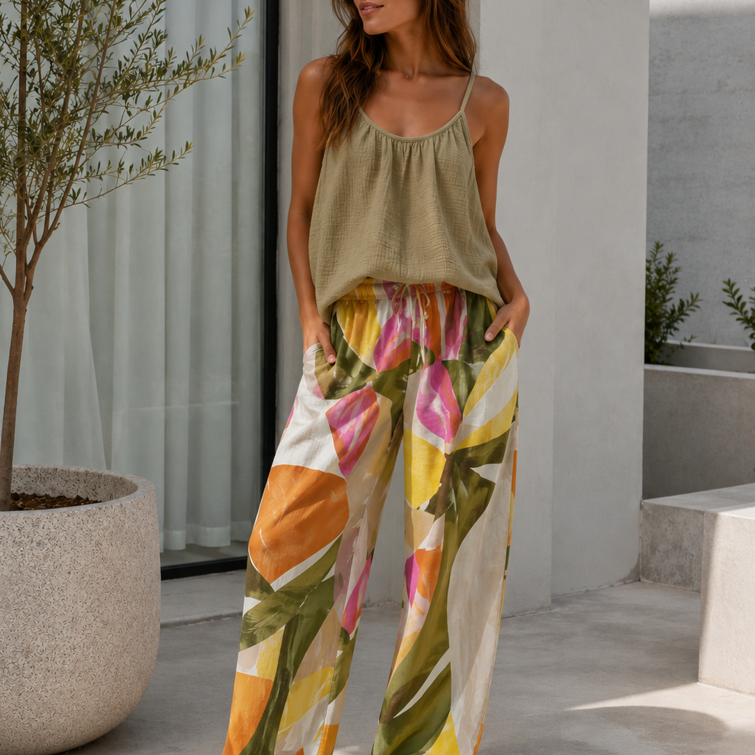 Tammy-Tropical Print Wide Leg Trousers