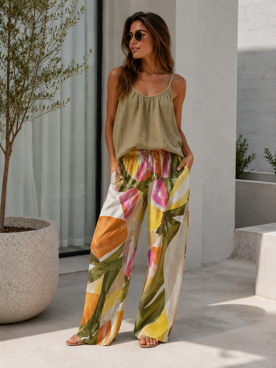 Tammy-Tropical Print Wide Leg Trousers