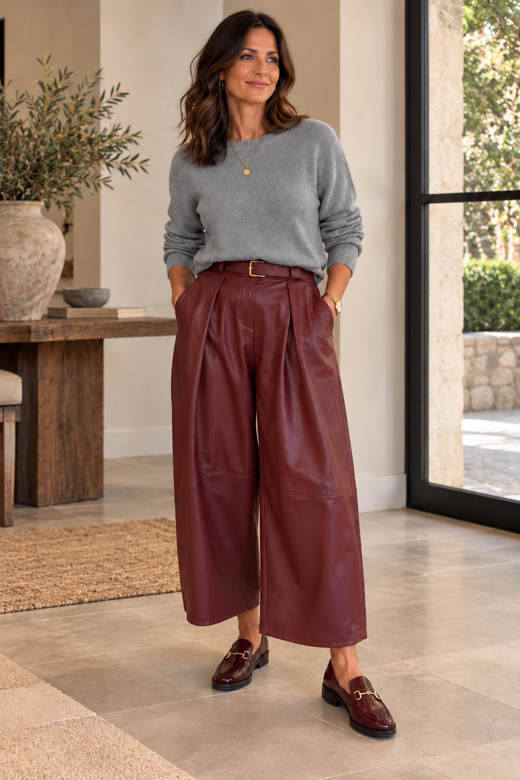 PU Belted Barrel Leg Trouser