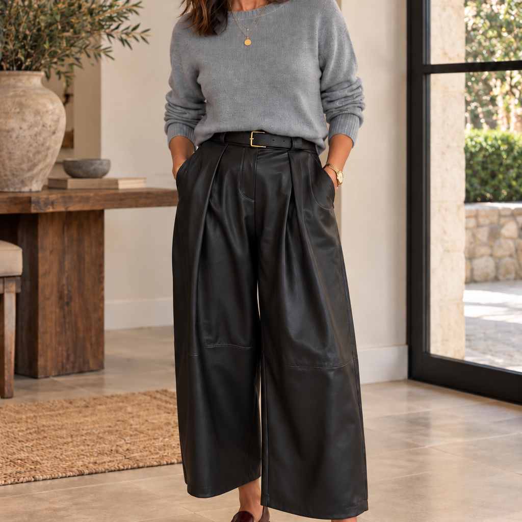 PU Belted Barrel Leg Trouser