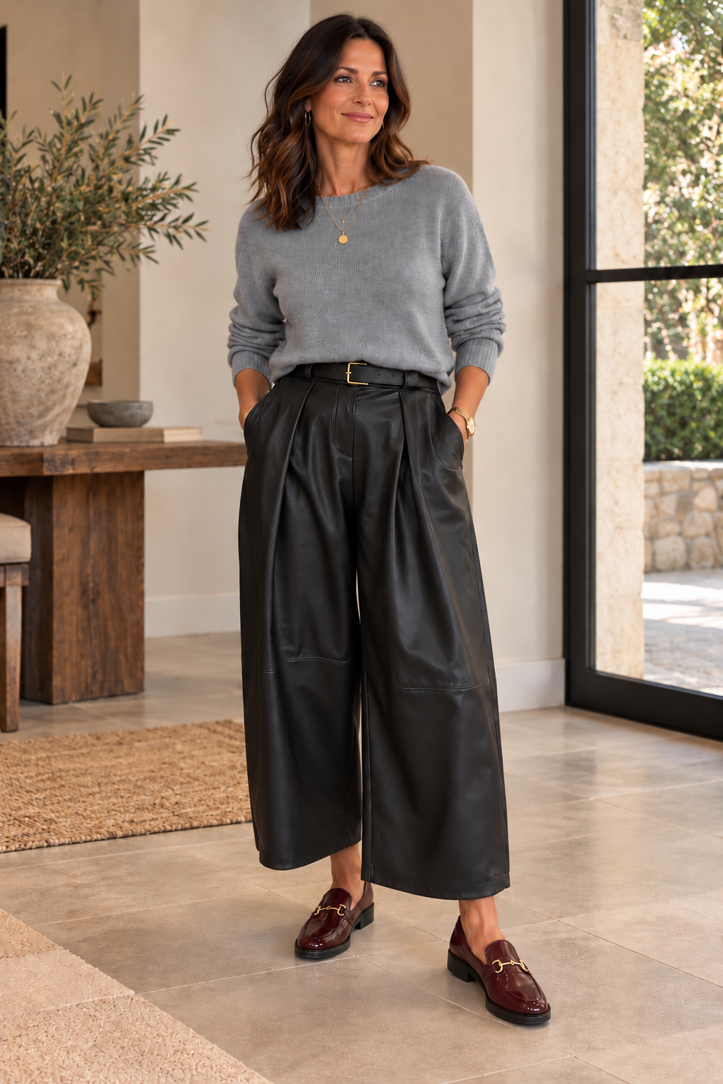 PU Belted Barrel Leg Trouser