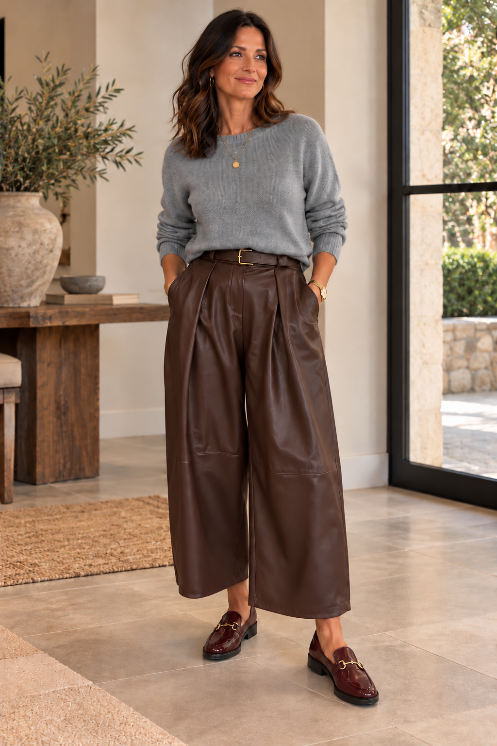 PU Belted Barrel Leg Trouser