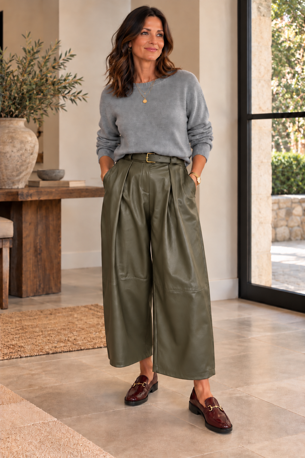 PU Belted Barrel Leg Trouser