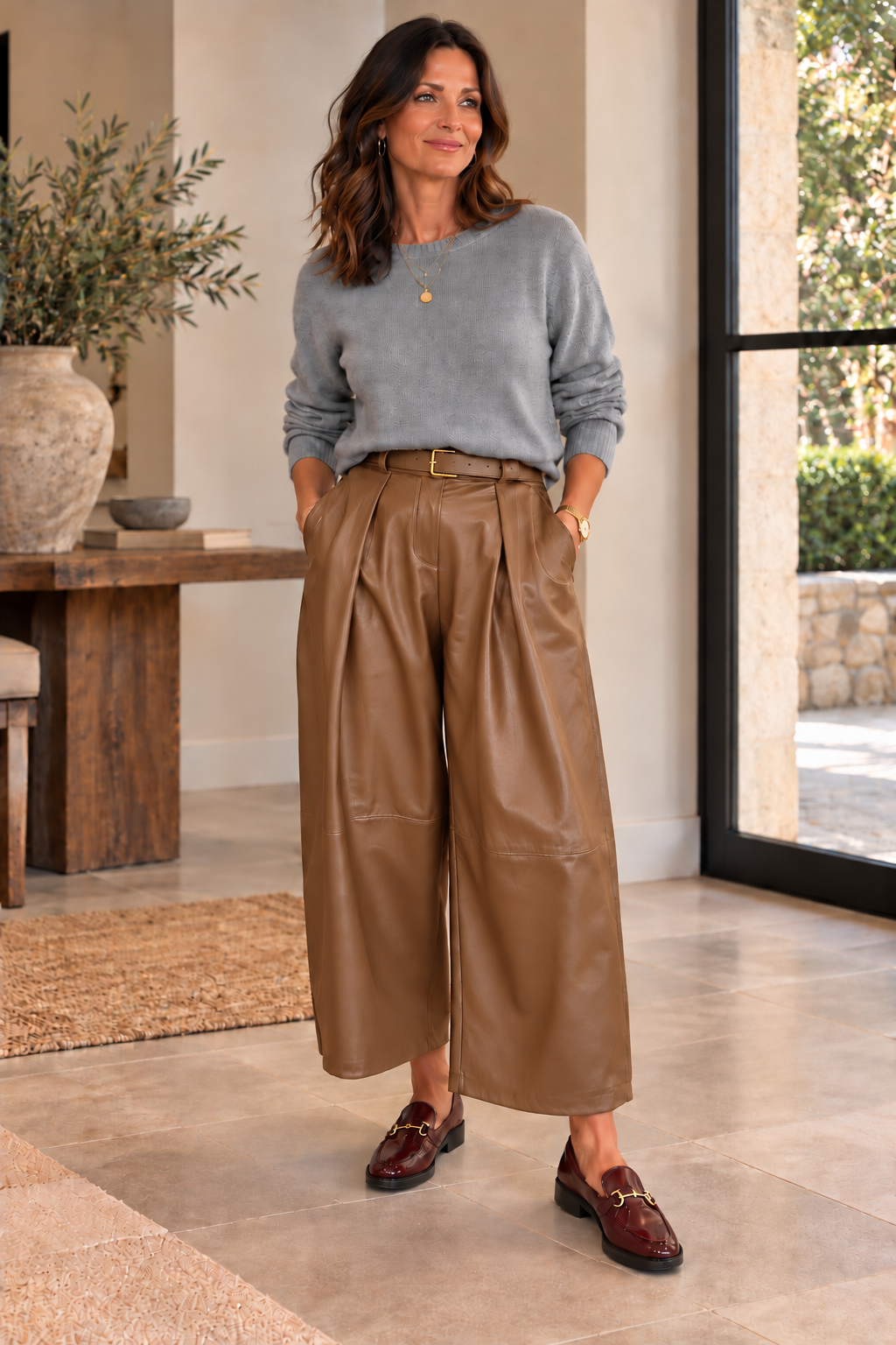 PU Belted Barrel Leg Trouser