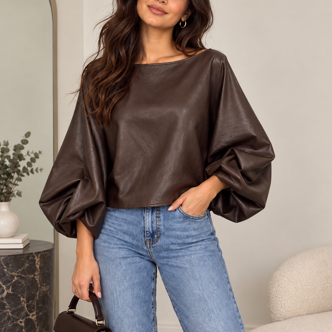 Chocolate Brown PU Leather Balloon Sleeve Top