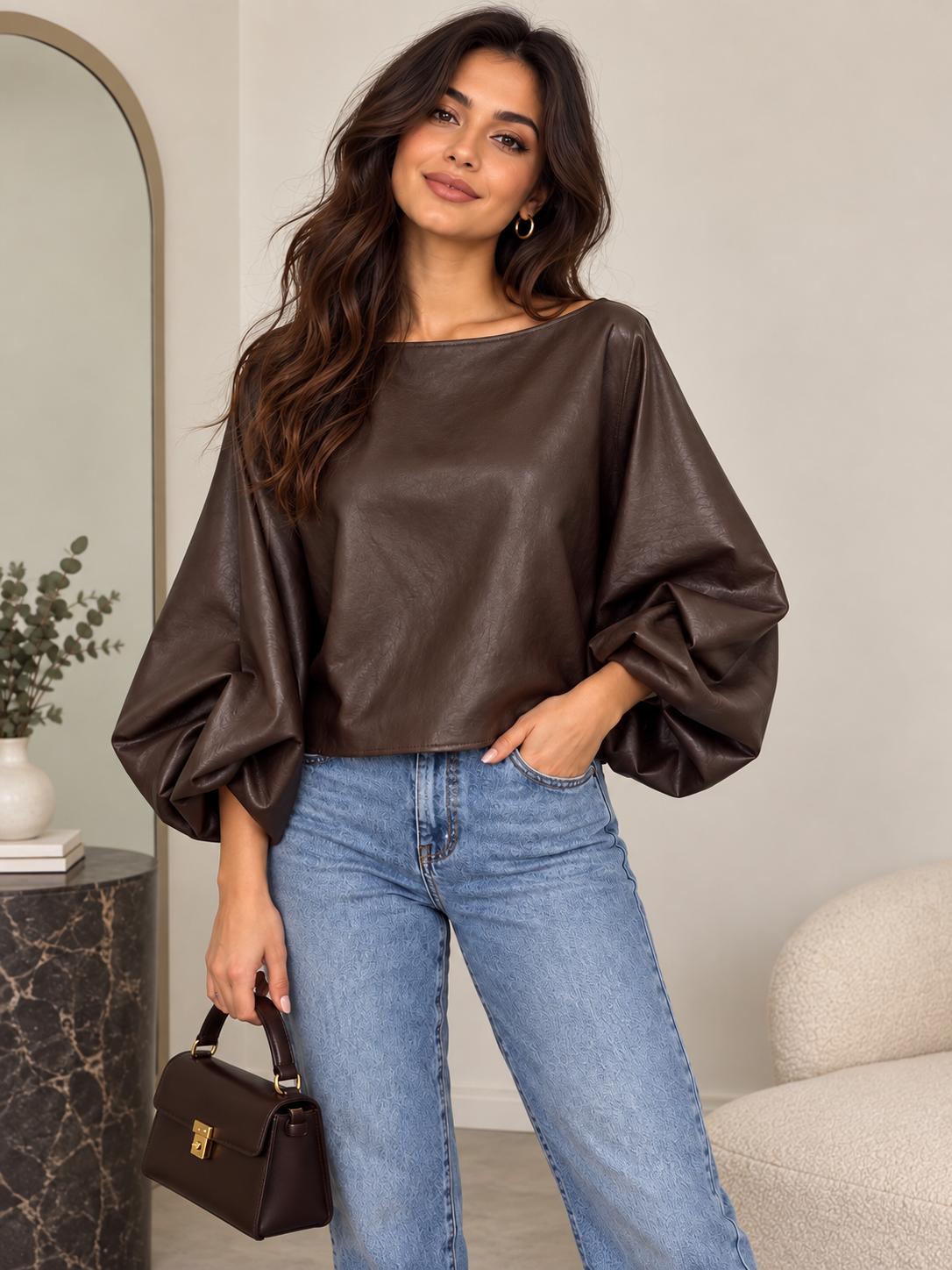 Chocolate Brown PU Leather Balloon Sleeve Top