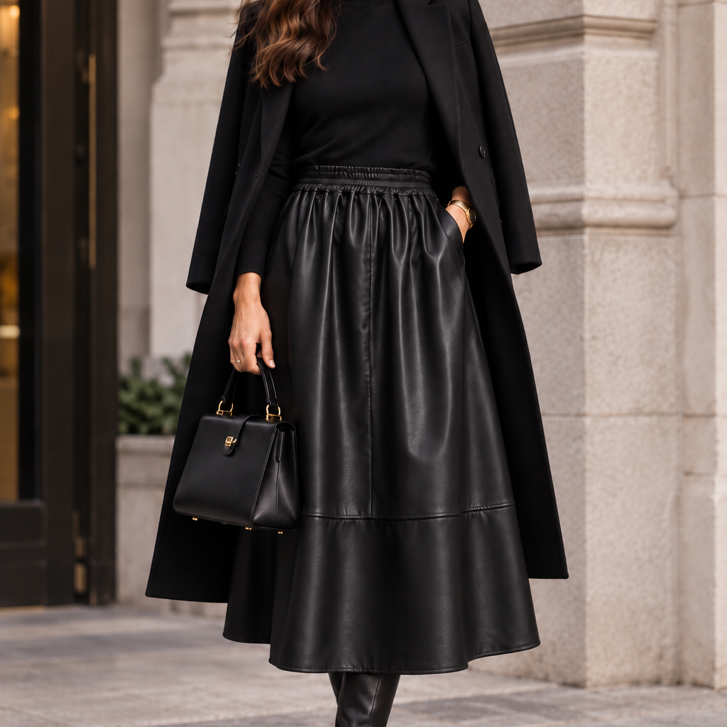 Fran -  Faux Leather A-Line Midi Skirt